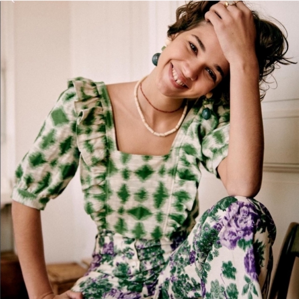Sezane Green and White Square-Neck Ruffle Blouse